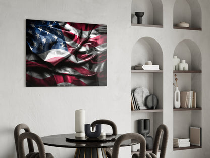 Waving American Flag in Dark Tones Glass Wall Art