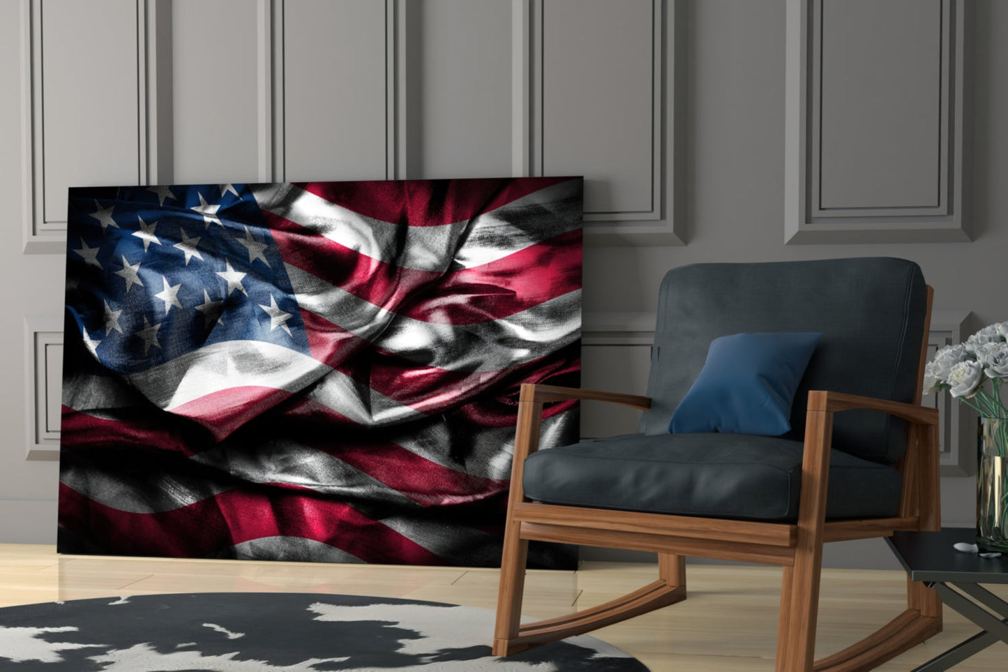 Waving American Flag in Dark Tones Glass Wall Art