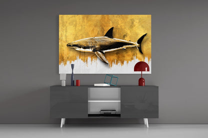 Gold Brushstroke Backdrop Shark Glass Wall Art