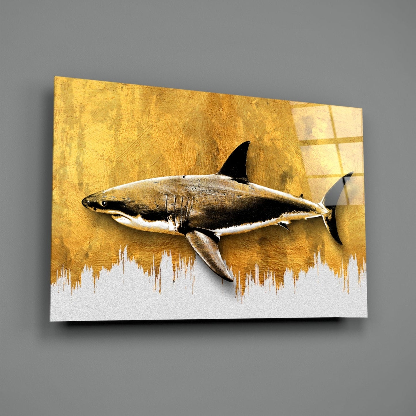 Gold Brushstroke Backdrop Shark Glass Wall Art