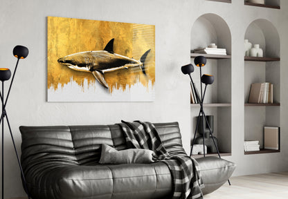 Gold Brushstroke Backdrop Shark Glass Wall Art