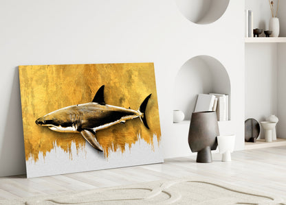 Gold Brushstroke Backdrop Shark Glass Wall Art