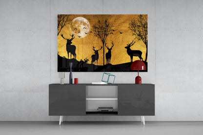 Stag Silhouettes Gold Moon Ridge Glass Wall Art
