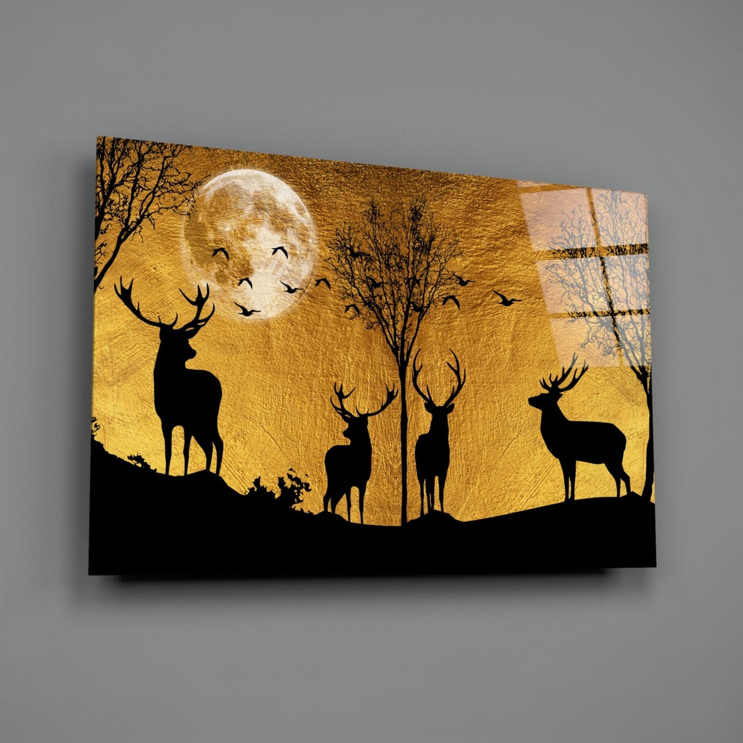 Stag Silhouettes Gold Moon Ridge Glass Wall Art