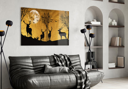Stag Silhouettes Gold Moon Ridge Glass Wall Art