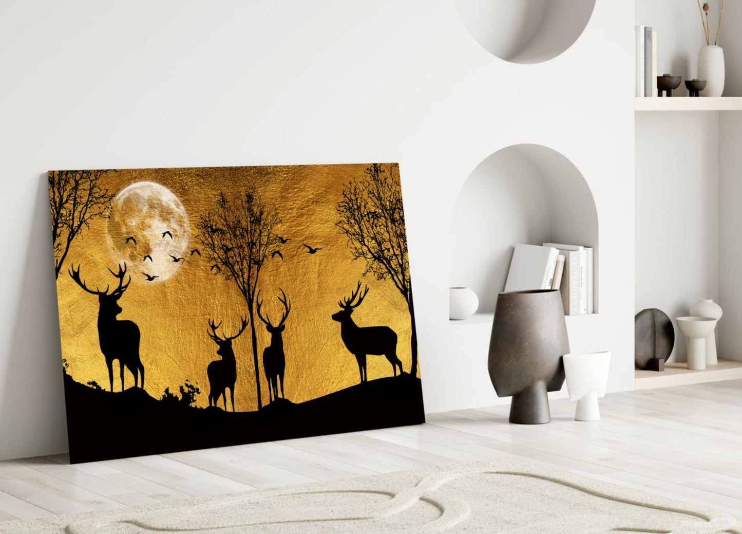 Stag Silhouettes Gold Moon Ridge Glass Wall Art