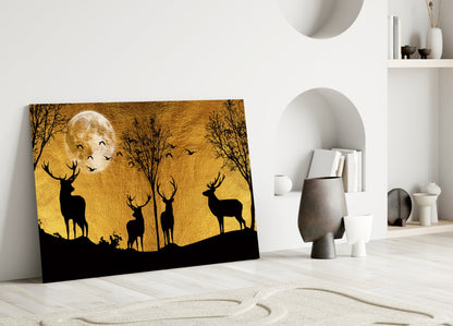 Stag Silhouettes Gold Moon Ridge Glass Wall Art