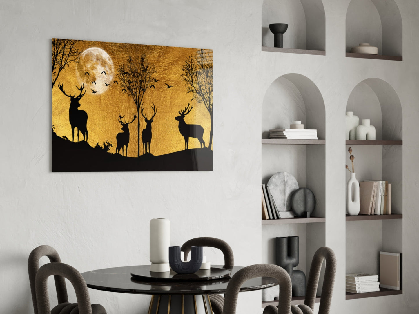 Stag Silhouettes Gold Moon Ridge Glass Wall Art