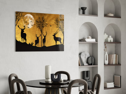 Stag Silhouettes Gold Moon Ridge Glass Wall Art