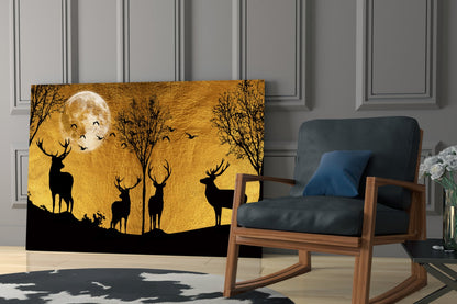 Stag Silhouettes Gold Moon Ridge Glass Wall Art