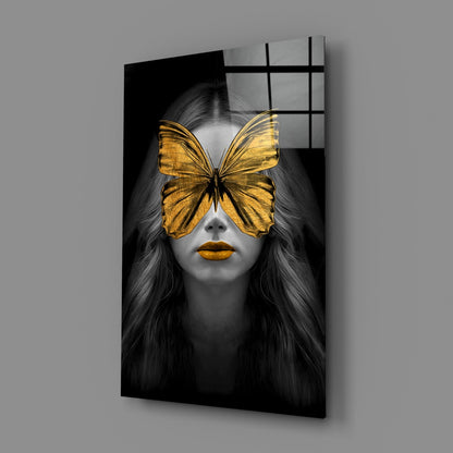 Golden Butterfly Mask Woman Portrait Glass Wall Art