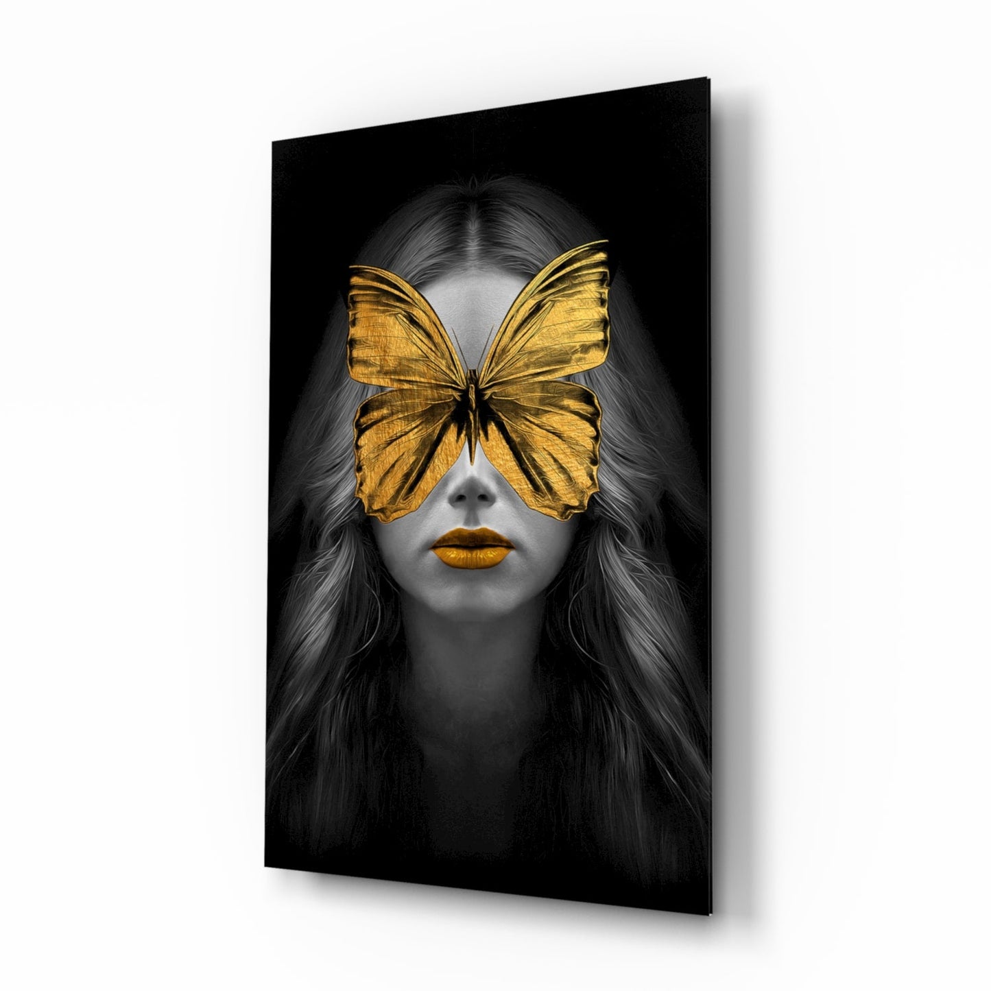 Golden Butterfly Mask Woman Portrait Glass Wall Art