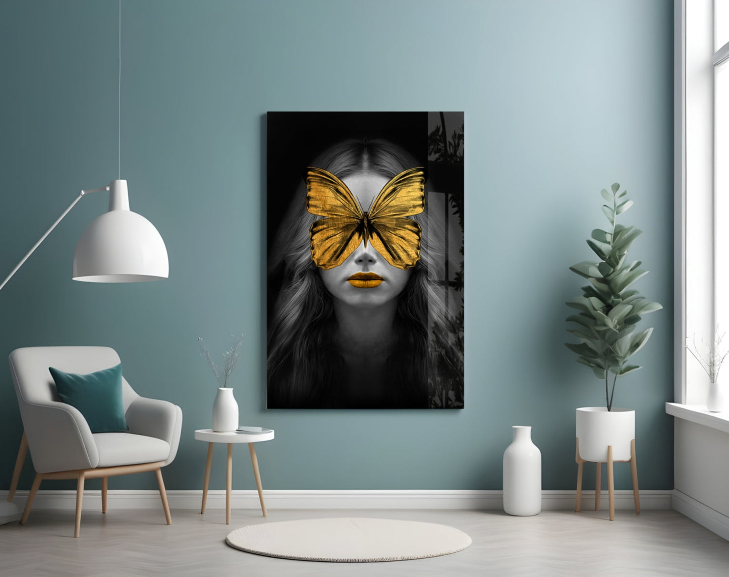 Golden Butterfly Mask Woman Portrait Glass Wall Art