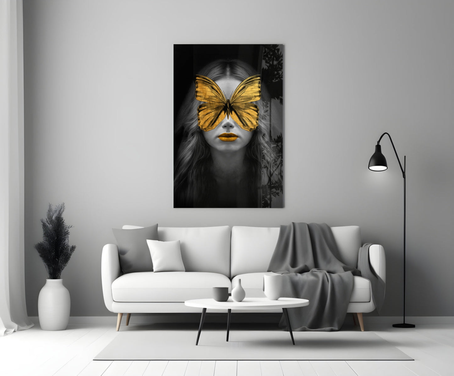 Golden Butterfly Mask Woman Portrait Glass Wall Art