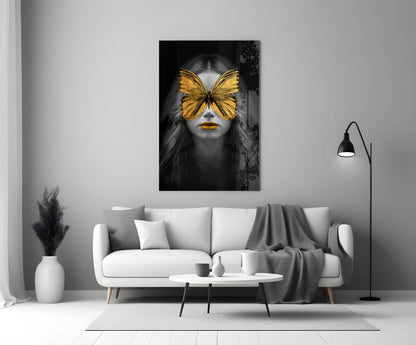 Golden Butterfly Mask Woman Portrait Glass Wall Art