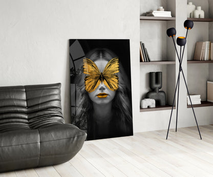 Golden Butterfly Mask Woman Portrait Glass Wall Art