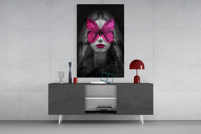 Magenta Butterfly Mask Woman Portrait Glass Wall Art