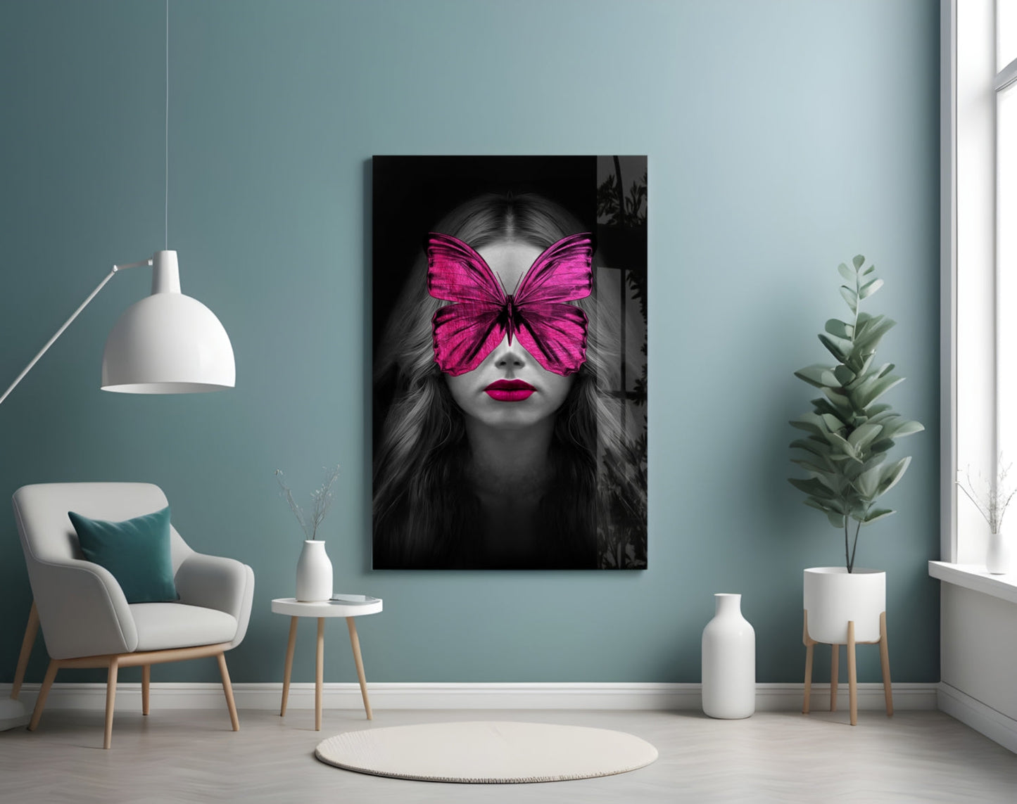 Magenta Butterfly Mask Woman Portrait Glass Wall Art