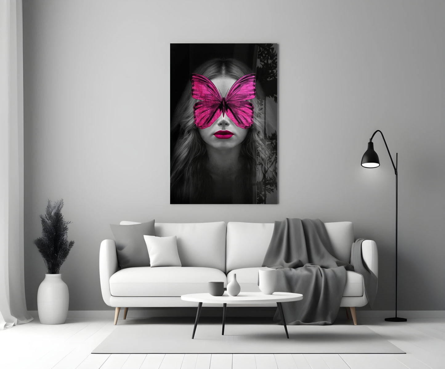 Magenta Butterfly Mask Woman Portrait Glass Wall Art