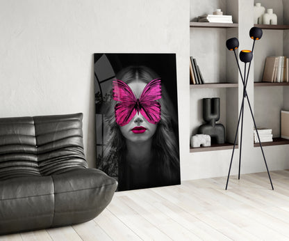 Magenta Butterfly Mask Woman Portrait Glass Wall Art