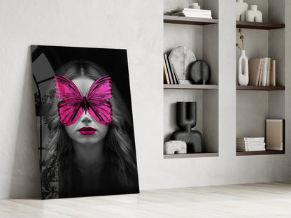 Magenta Butterfly Mask Woman Portrait Glass Wall Art