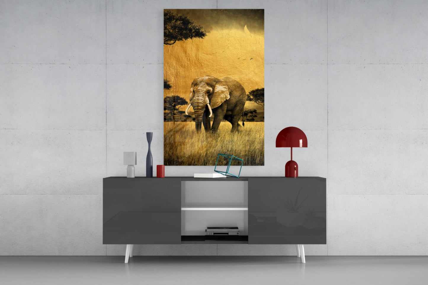Golden Savanna Acacia Elephant Glass Wall Art