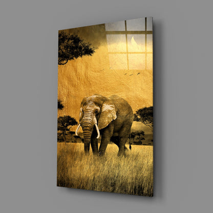 Golden Savanna Acacia Elephant Glass Wall Art