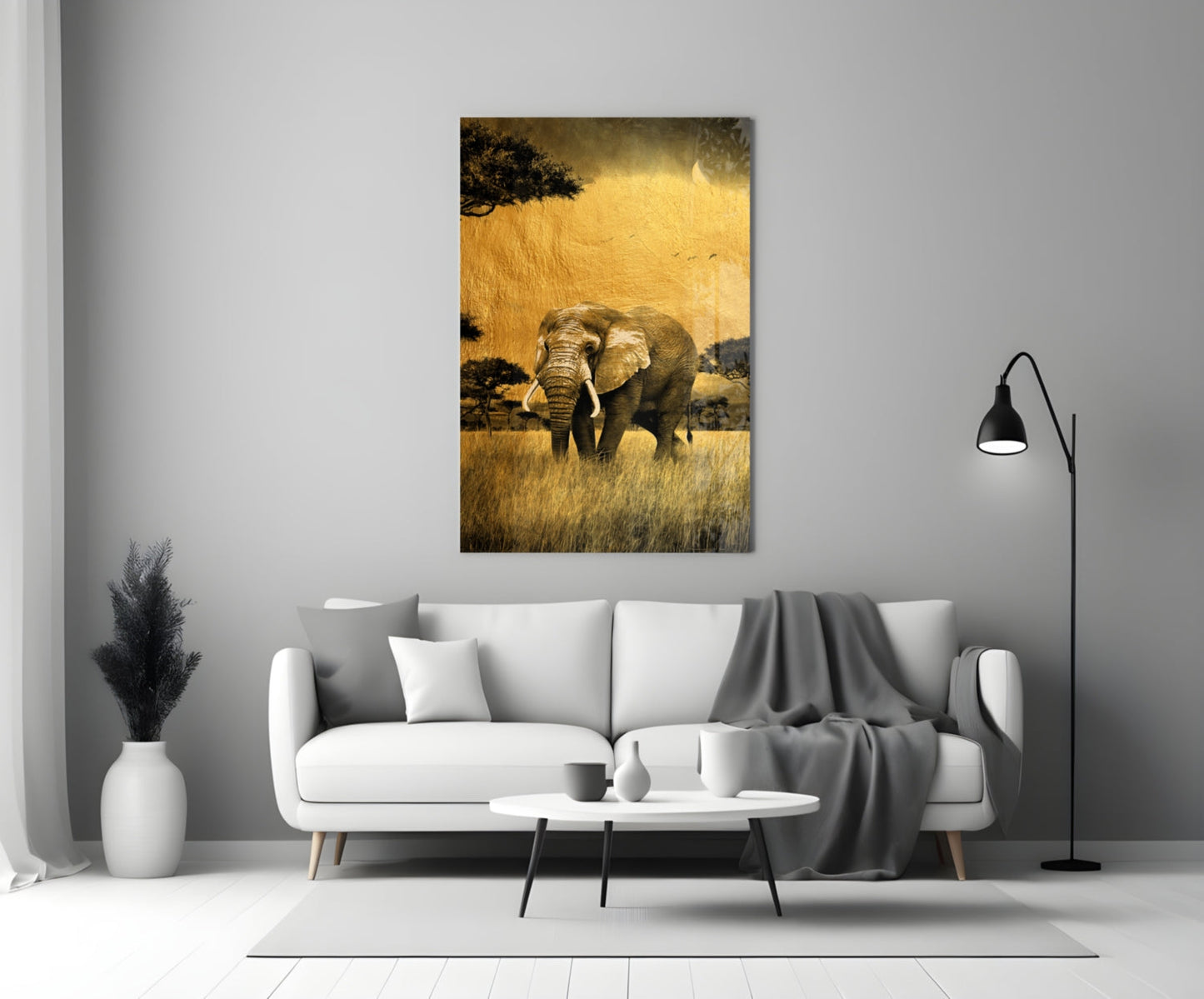 Golden Savanna Acacia Elephant Glass Wall Art