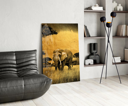 Golden Savanna Acacia Elephant Glass Wall Art