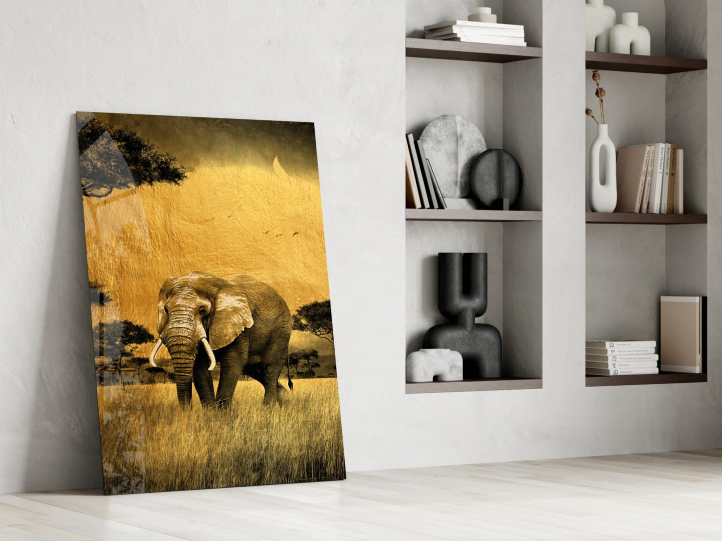 Golden Savanna Acacia Elephant Glass Wall Art