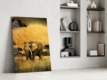 Golden Savanna Acacia Elephant Glass Wall Art