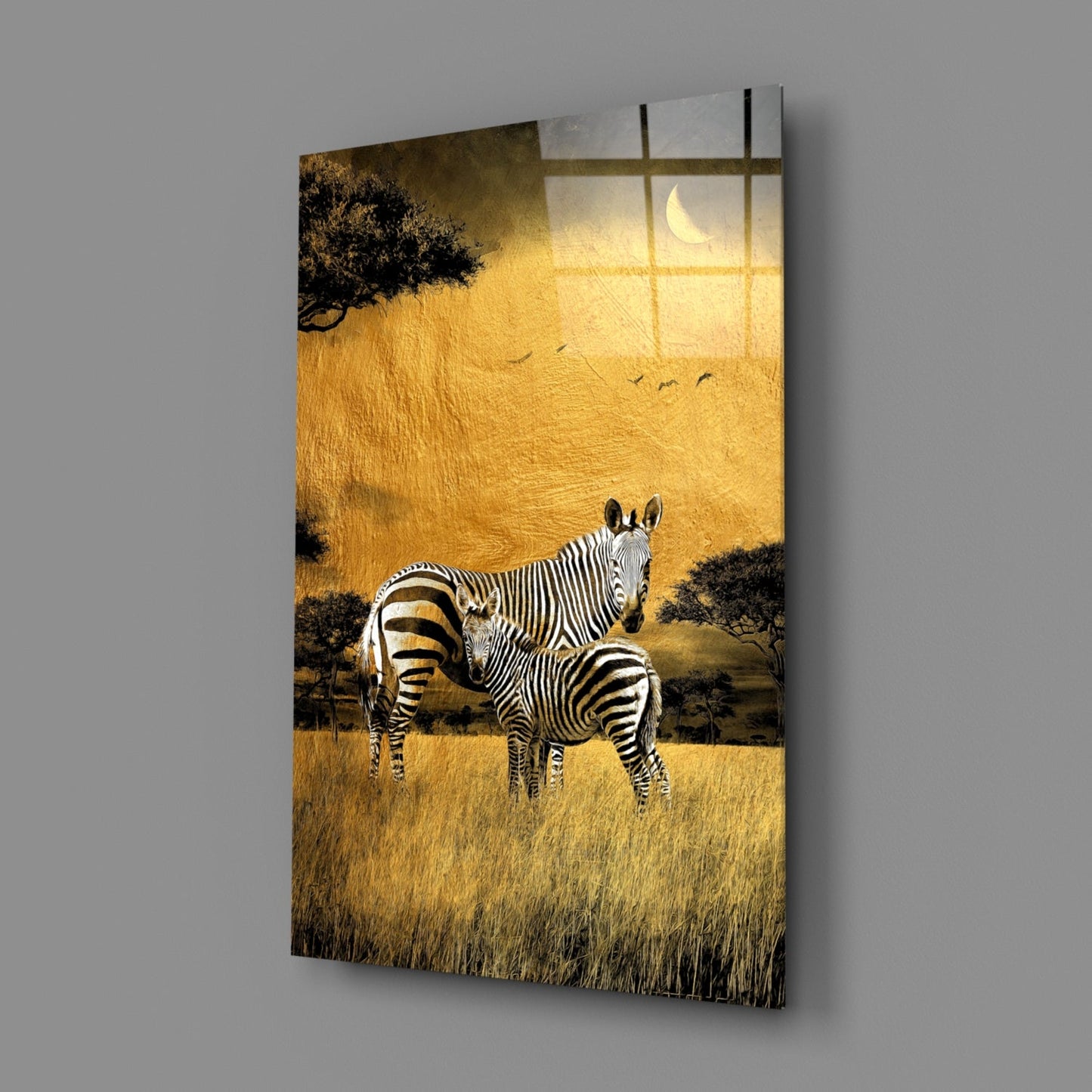 Golden Savanna Crescent Moon Zebras Glass Wall Art