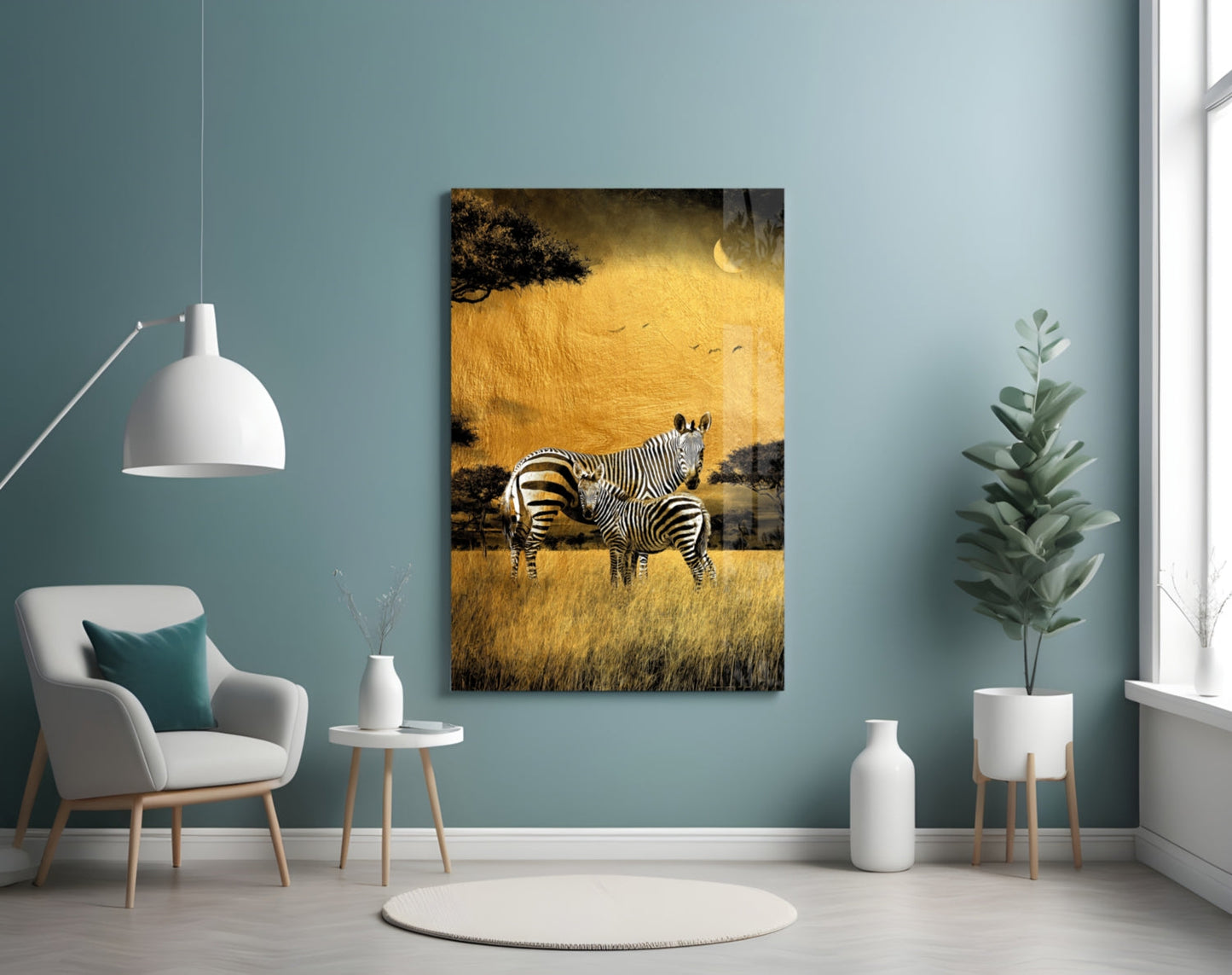 Golden Savanna Crescent Moon Zebras Glass Wall Art