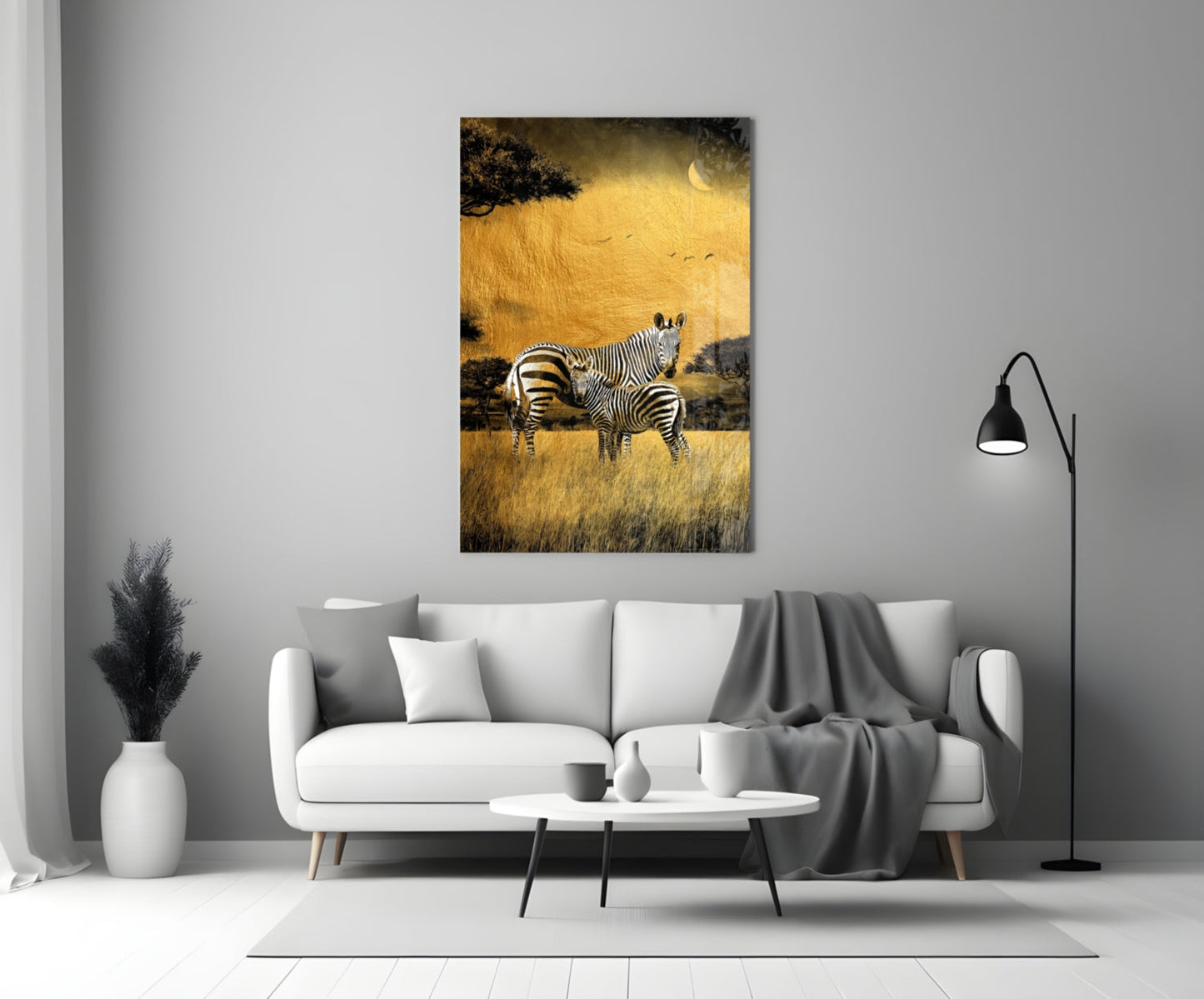 Golden Savanna Crescent Moon Zebras Glass Wall Art