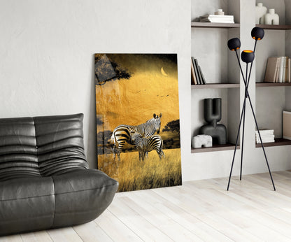 Golden Savanna Crescent Moon Zebras Glass Wall Art