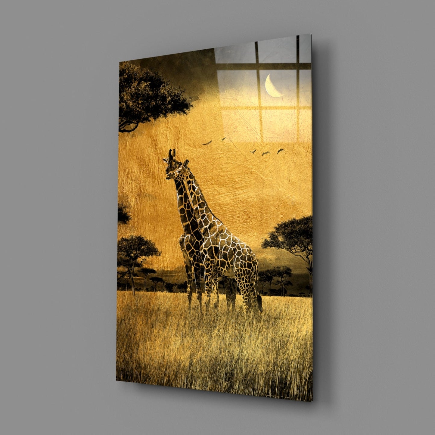 Golden Grassland Acacia Giraffe Pair Glass Wall Art
