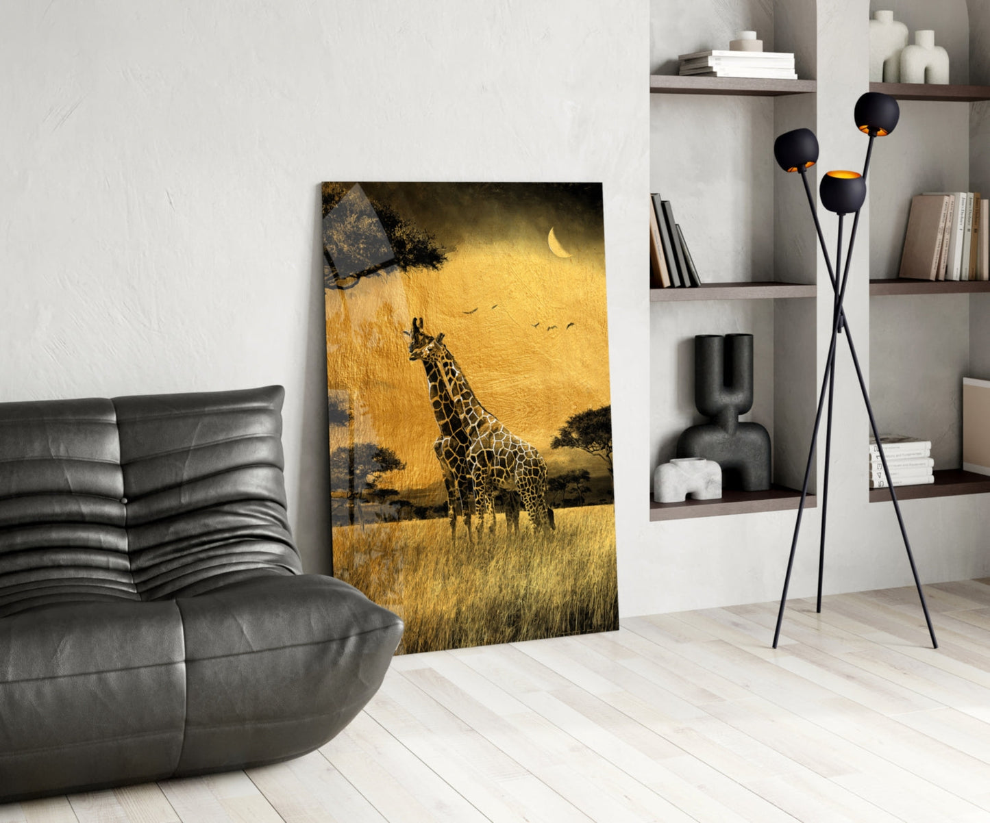 Golden Grassland Acacia Giraffe Pair Glass Wall Art