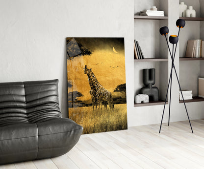 Golden Grassland Acacia Giraffe Pair Glass Wall Art