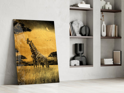Golden Grassland Acacia Giraffe Pair Glass Wall Art