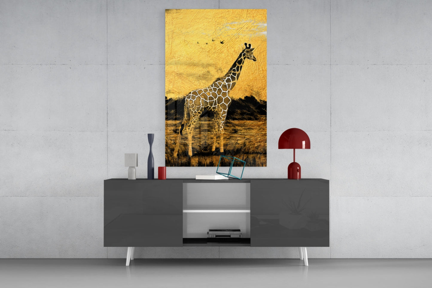 Golden Sunset Savanna Giraffe Glass Wall Art