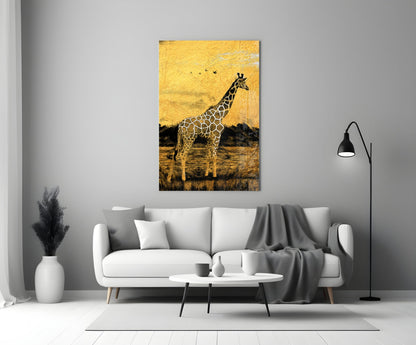 Golden Sunset Savanna Giraffe Glass Wall Art