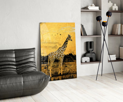 Golden Sunset Savanna Giraffe Glass Wall Art