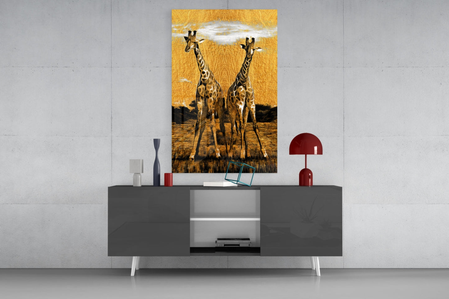 Amber Sun Two Walking Giraffes Glass Wall Art