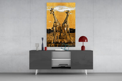 Amber Sun Two Walking Giraffes Glass Wall Art