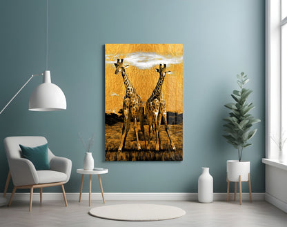 Amber Sun Two Walking Giraffes Glass Wall Art