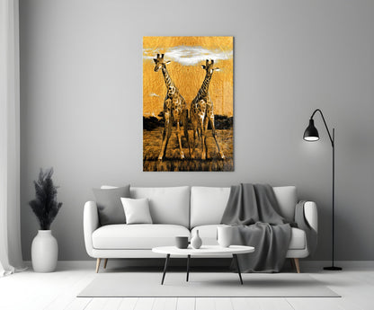 Amber Sun Two Walking Giraffes Glass Wall Art
