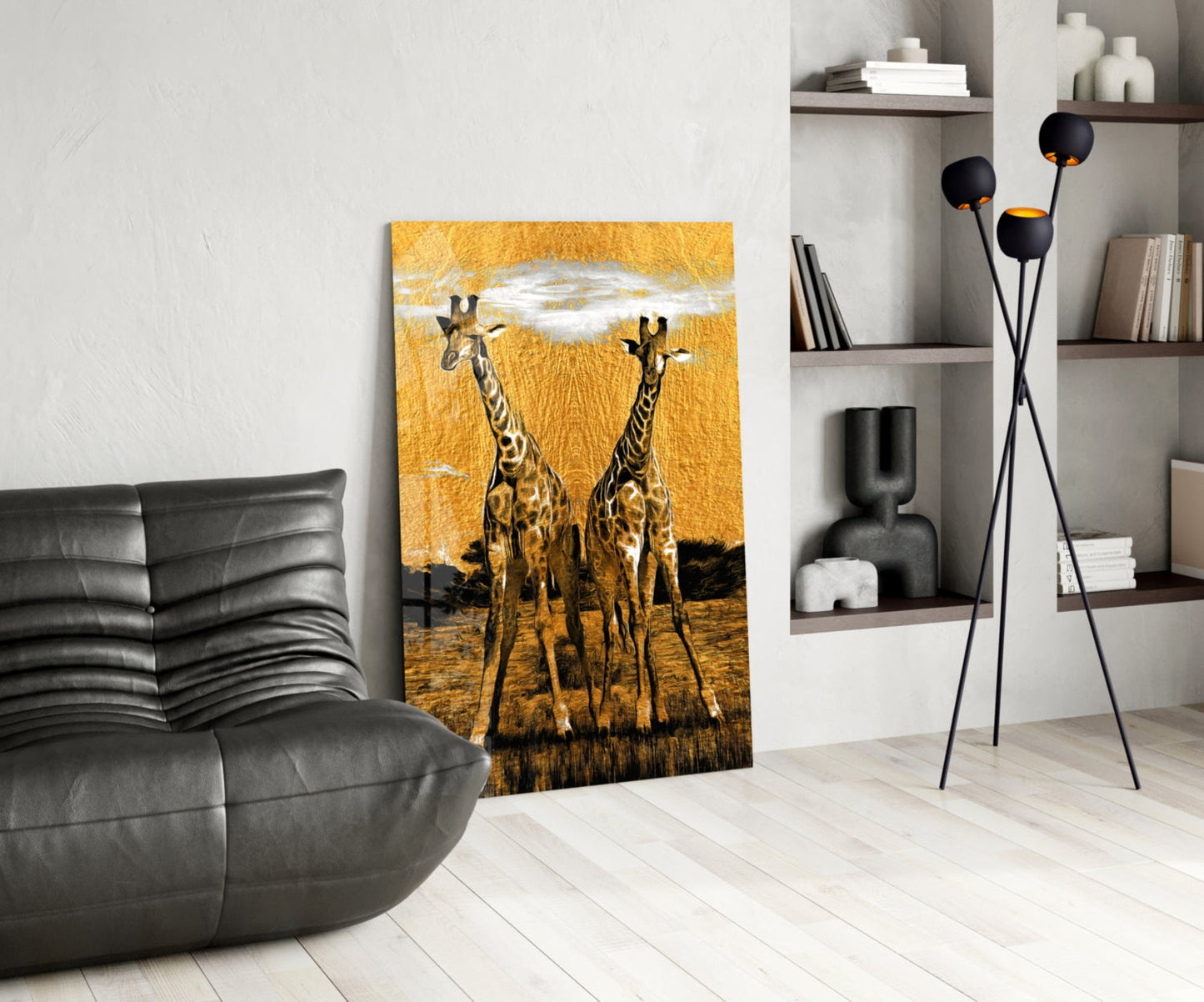 Amber Sun Two Walking Giraffes Glass Wall Art