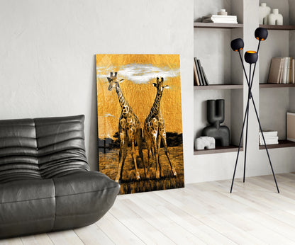 Amber Sun Two Walking Giraffes Glass Wall Art
