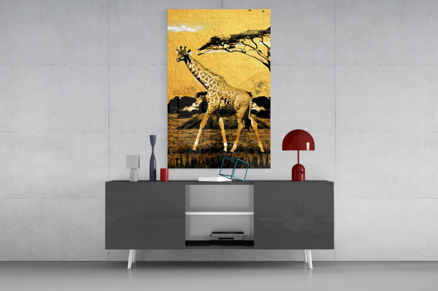 Gold Acacia Tree Giraffe Glass Wall Art