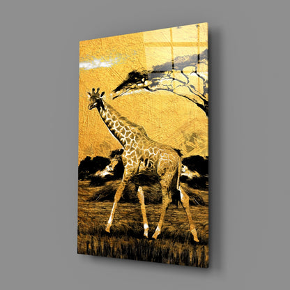Gold Acacia Tree Giraffe Glass Wall Art